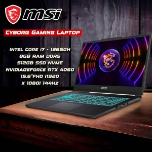 لابتوب MSI Cyborg Gaming Laptop Intel Core i7 - 12650H 8GB RAM DDR5 512GB SSD NVME NVIDIAGeForce RTX 4060 15.6''FHD (1920 x 1080) 144Hz